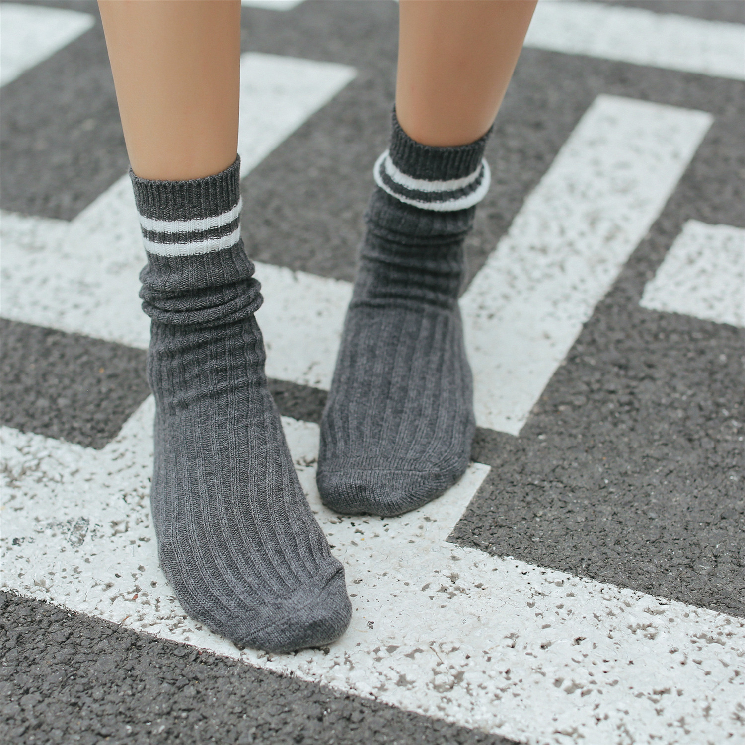 Two Bars Thick Slouch Socks Retro Autumn Winter Socks Cotton Female Socks